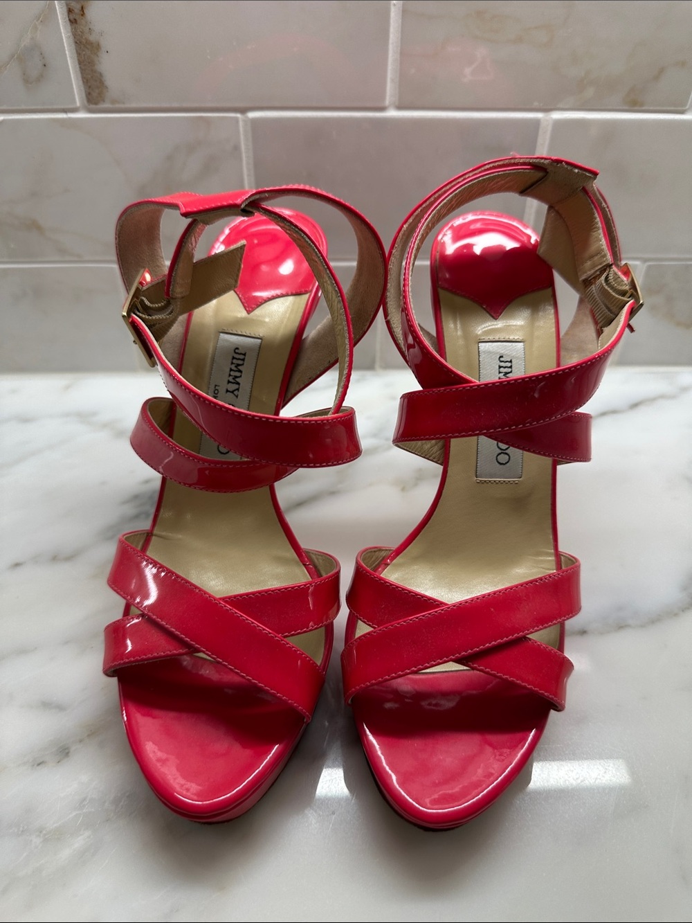 Jimmy Choo Red Patent Crisscross Ankle Strap Heels